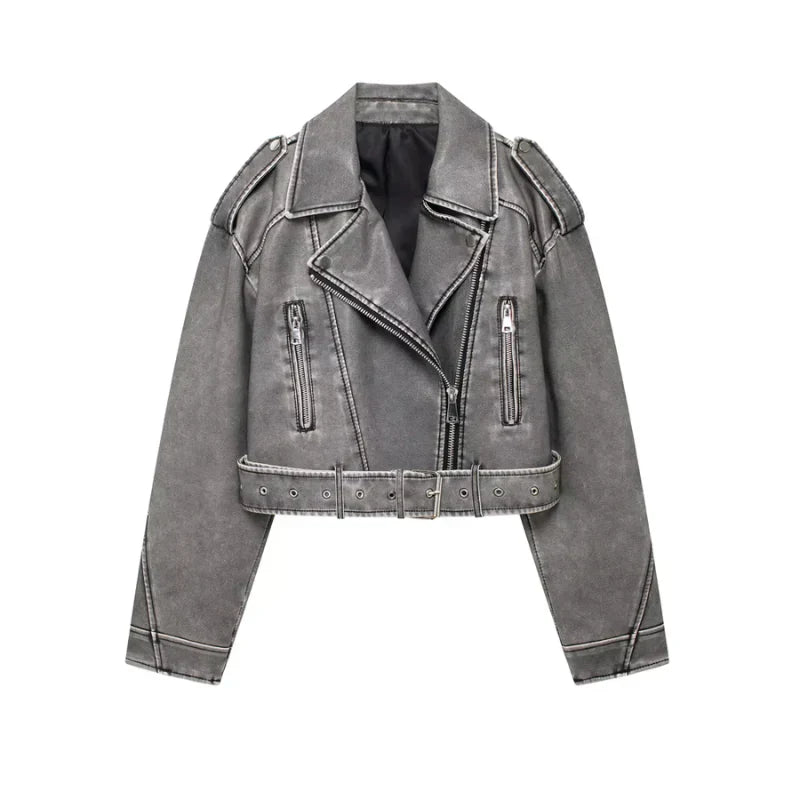 Vegane damen bikerjacke mit gürtel und reißverschluss