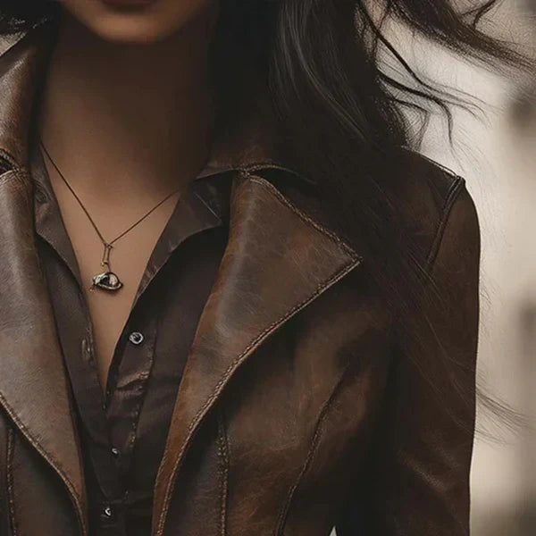 Vintage-lederjacke für damen mit zwei knöpfen – damen