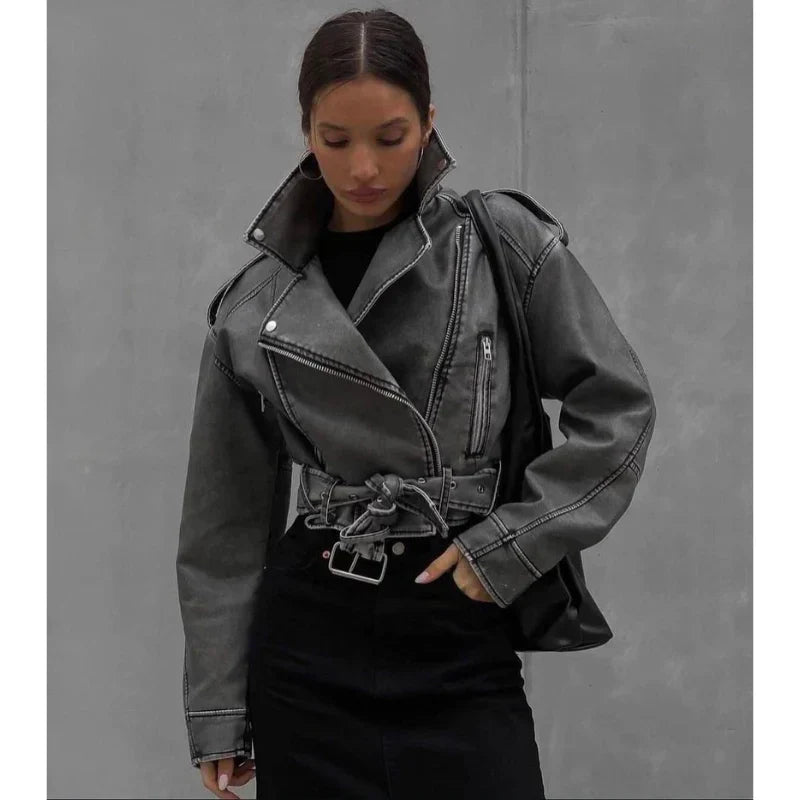 Vegane damen bikerjacke mit gürtel und reißverschluss