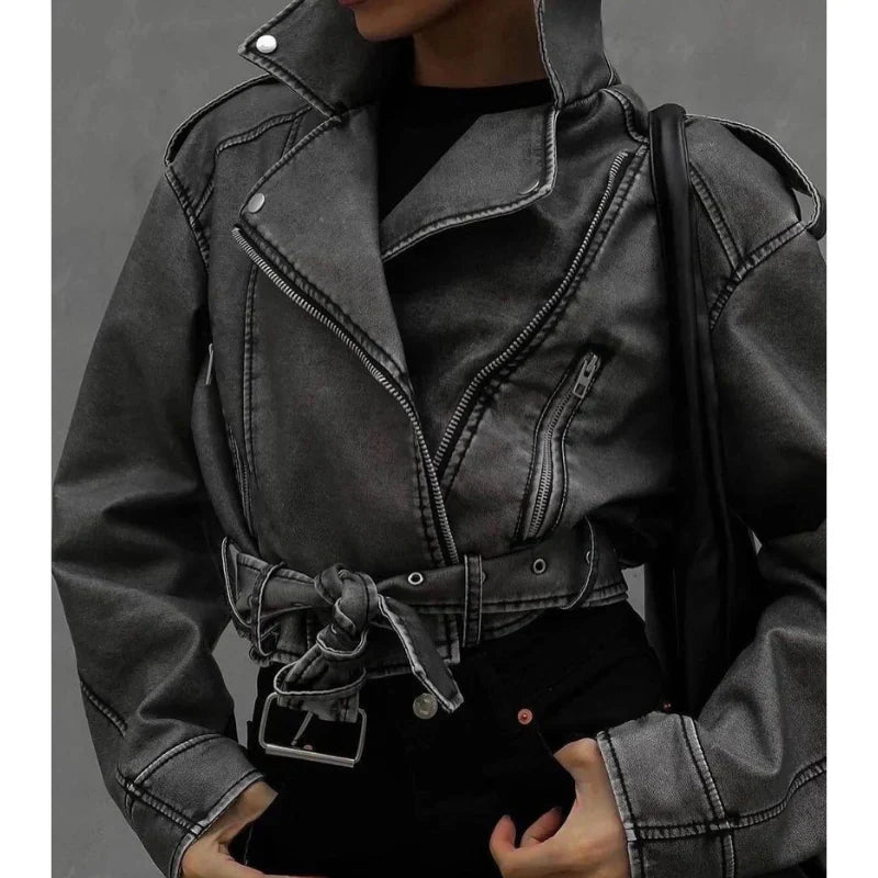 Vegane damen bikerjacke mit gürtel und reißverschluss