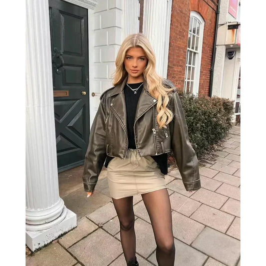 Vegane damen bikerjacke mit gürtel und reißverschluss