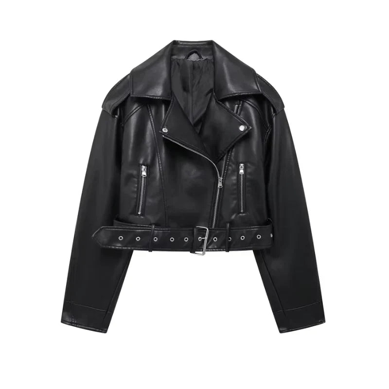 Vegane damen bikerjacke mit gürtel und reißverschluss