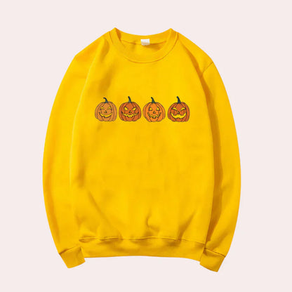 Afra – halloween-pullover mit rundhalsausschnitt und kürbismotiv für damen