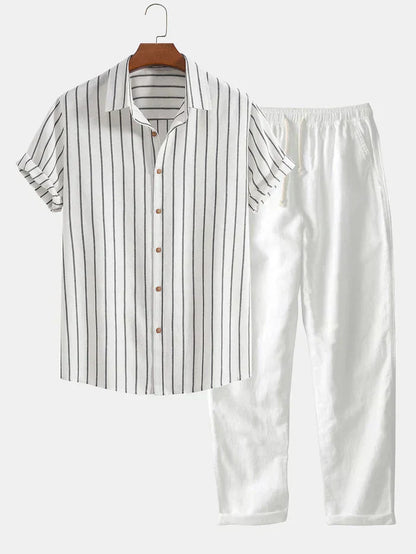 Stilvolles herren-sommerset – gestreiftes hemd und hose aus leinenmischgewebe – herren