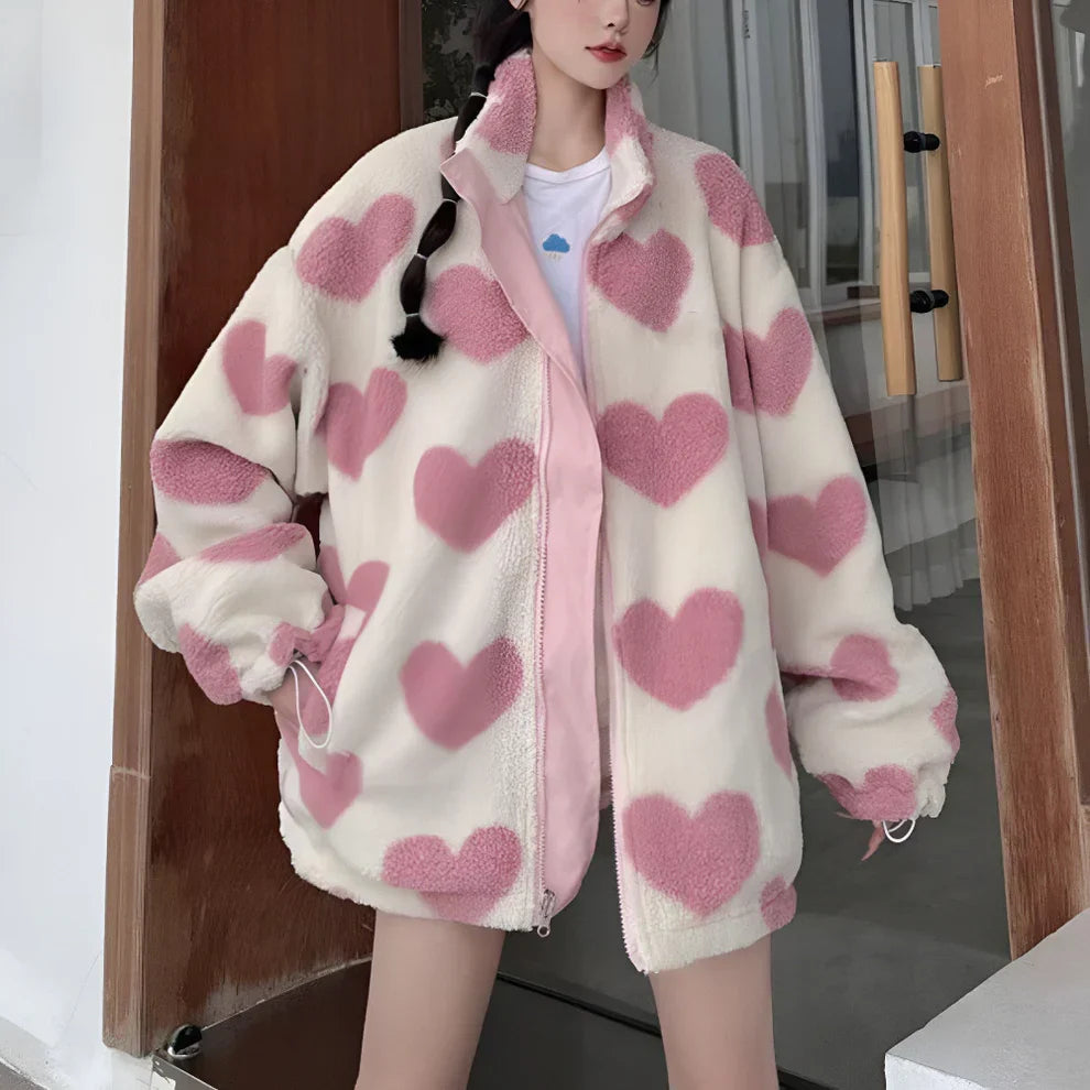 Wendbare sherpa-jacke für damen mit herzmotiv – damen