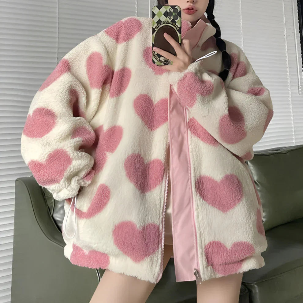 Wendbare sherpa-jacke für damen mit herzmotiv – damen