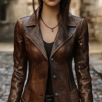 Vintage-lederjacke für damen mit zwei knöpfen – damen